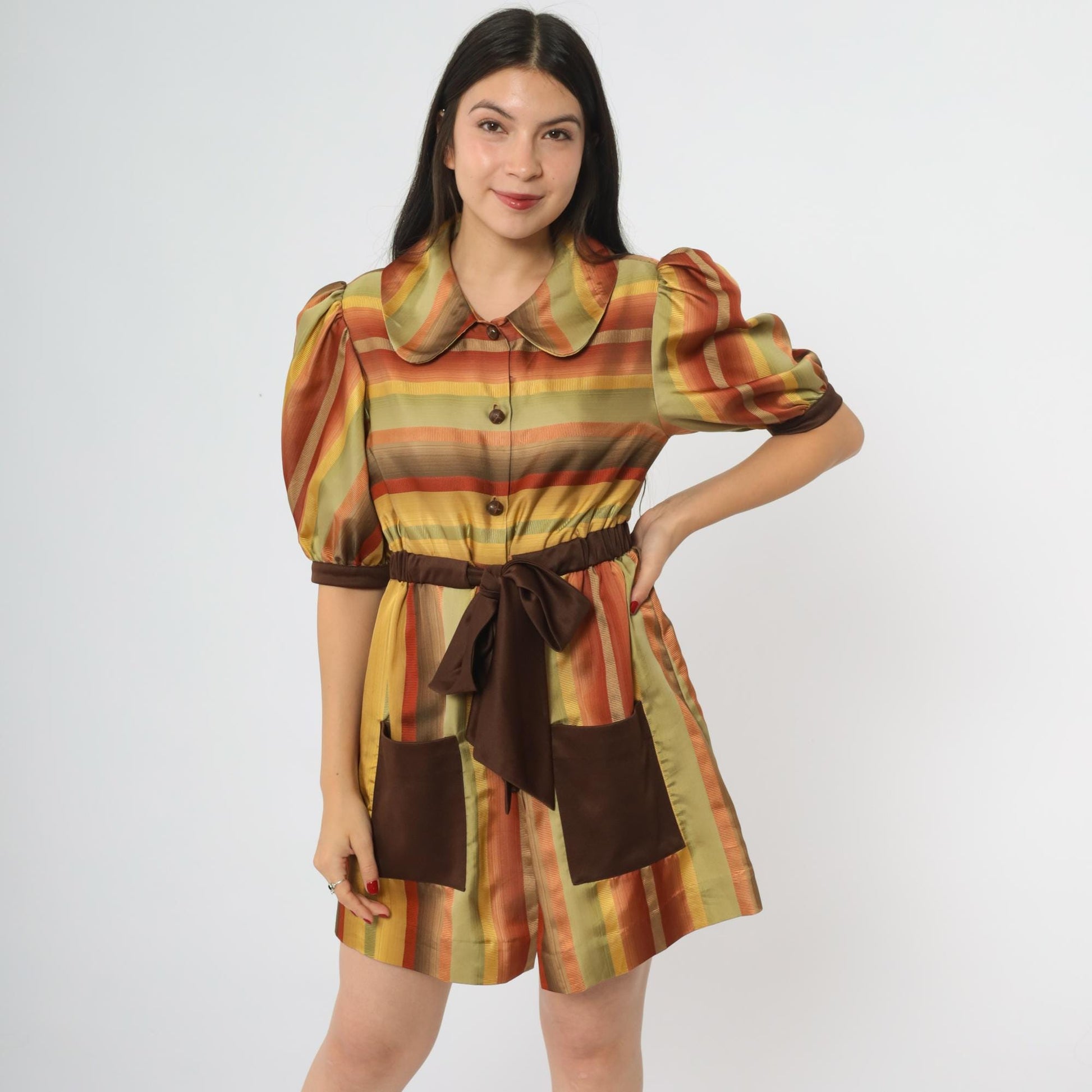 70s Rainbow Striped Mini Dress Brown Orange Yellow Puff Sleeve Peter Pan Collar Small