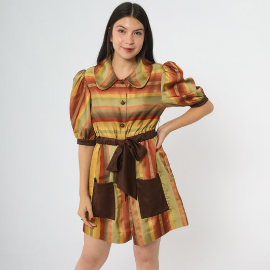 70s Rainbow Striped Mini Dress Brown Orange Yellow Puff Sleeve Peter Pan Collar Small