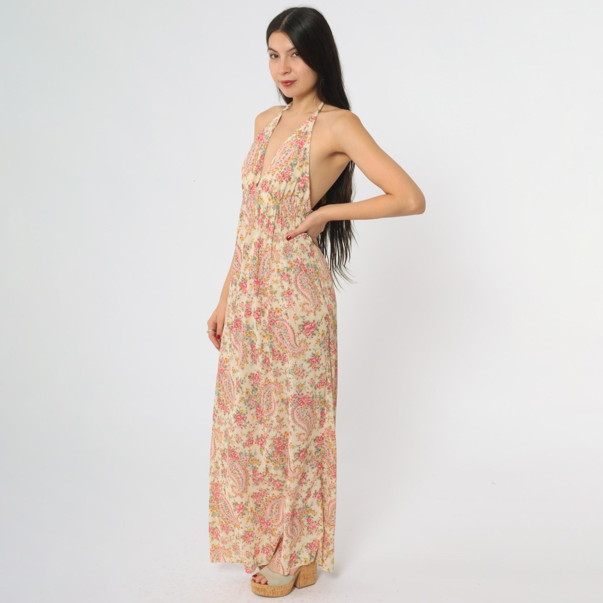 70s Pink Yellow Paisley Halter Maxi Dress Empire Waist Open Back Medium