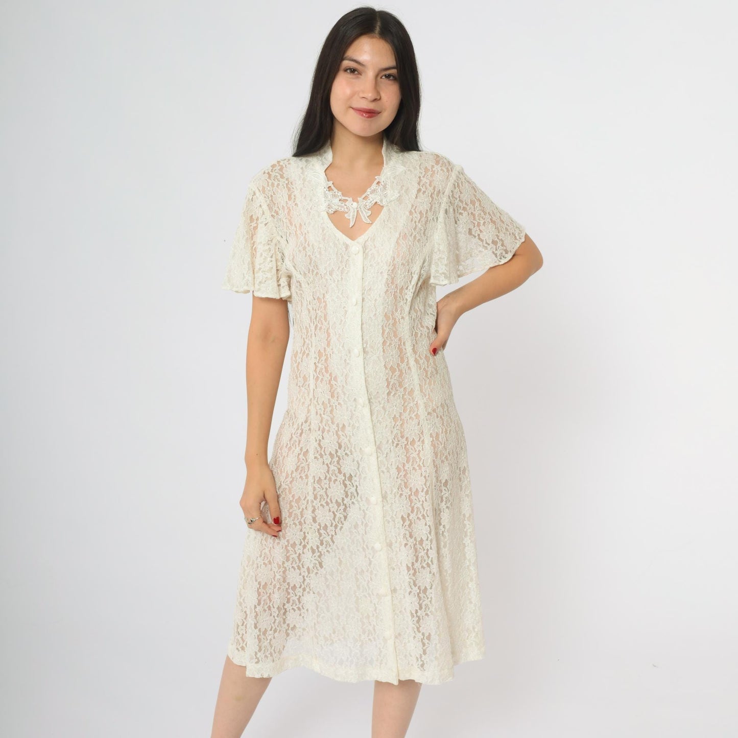 90s Dawn Joy Fashions White Lace Midi Dress V-Neck Bow Floral Medium
