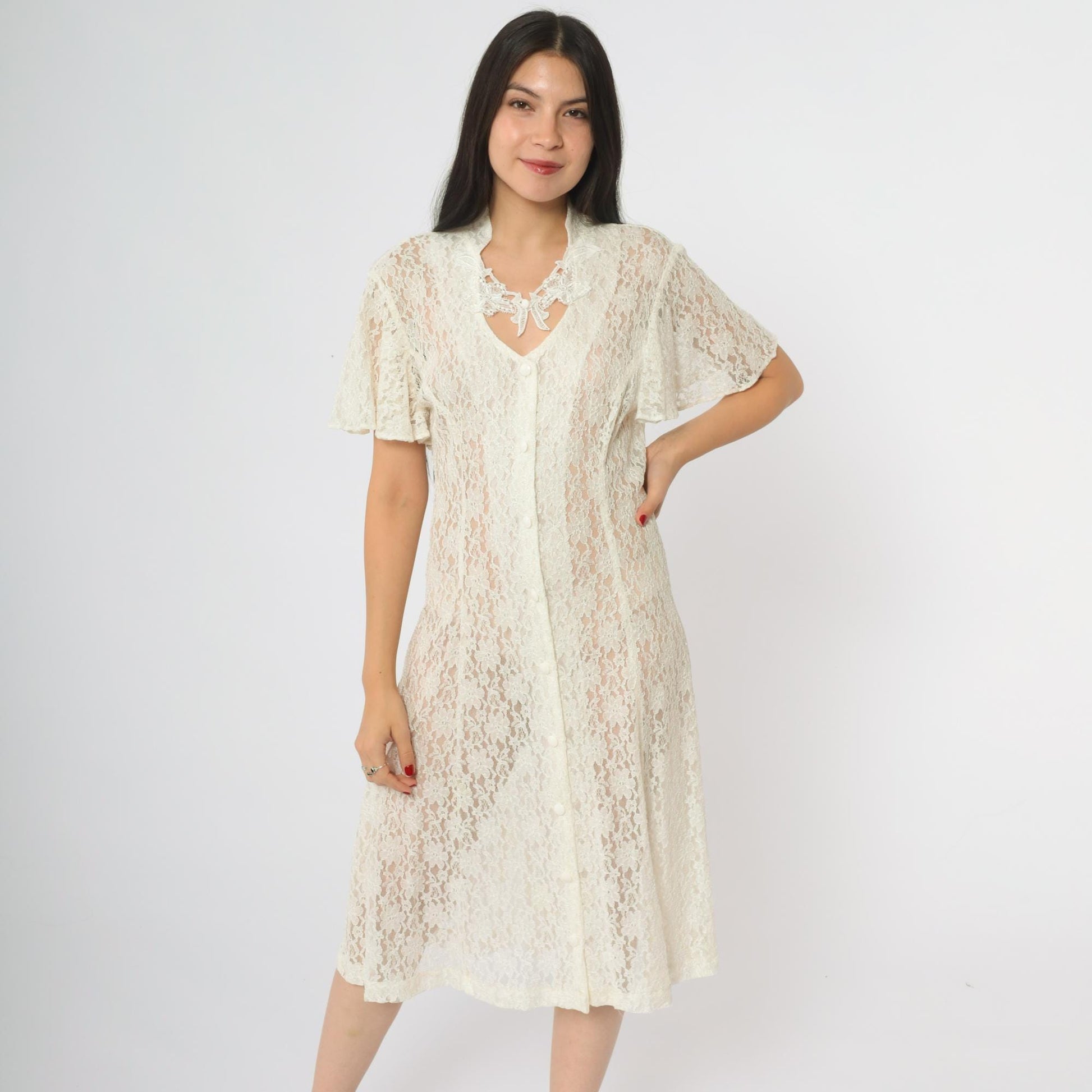 90s Dawn Joy Fashions White Lace Midi Dress V-Neck Bow Floral Medium