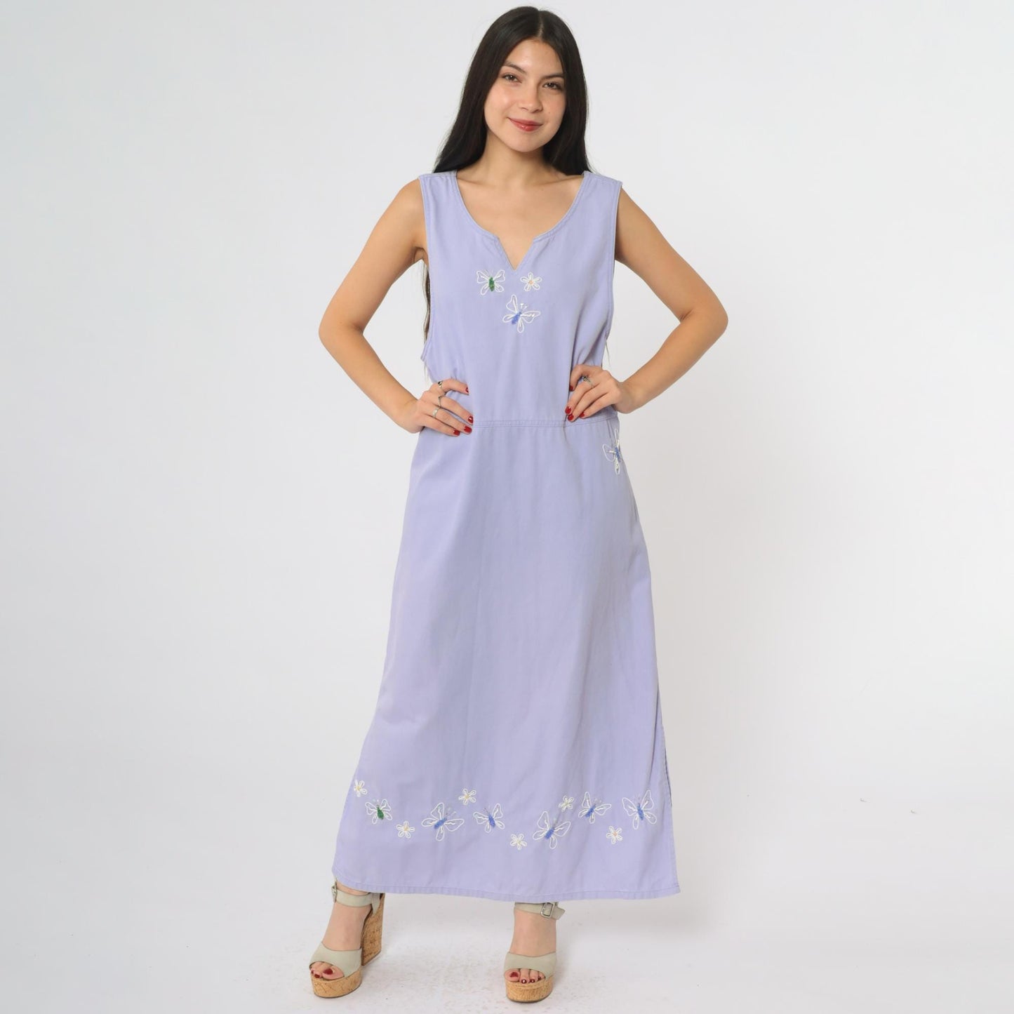 90s Mandal Bay Lavender Maxi Dress Butterfly Embroidery Sleeveless Medium M