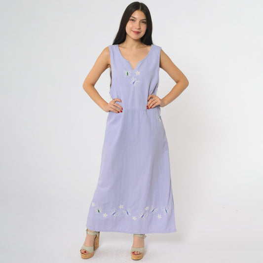 90s Mandal Bay Lavender Maxi Dress Butterfly Embroidery Sleeveless Medium M