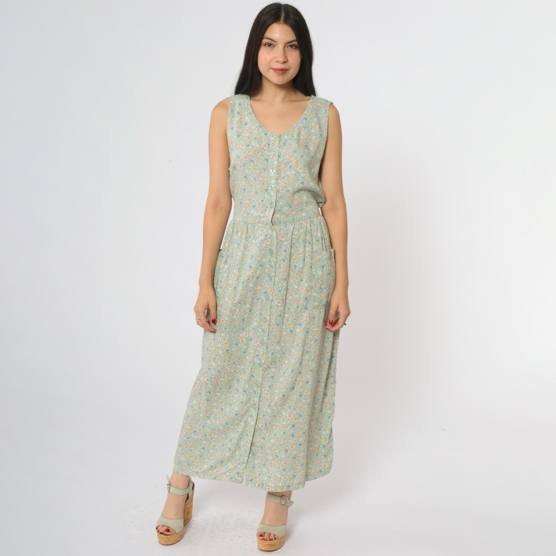 90s Sage Green Floral Midi Dress Button Front Tie Waist Sleeveless Medium M