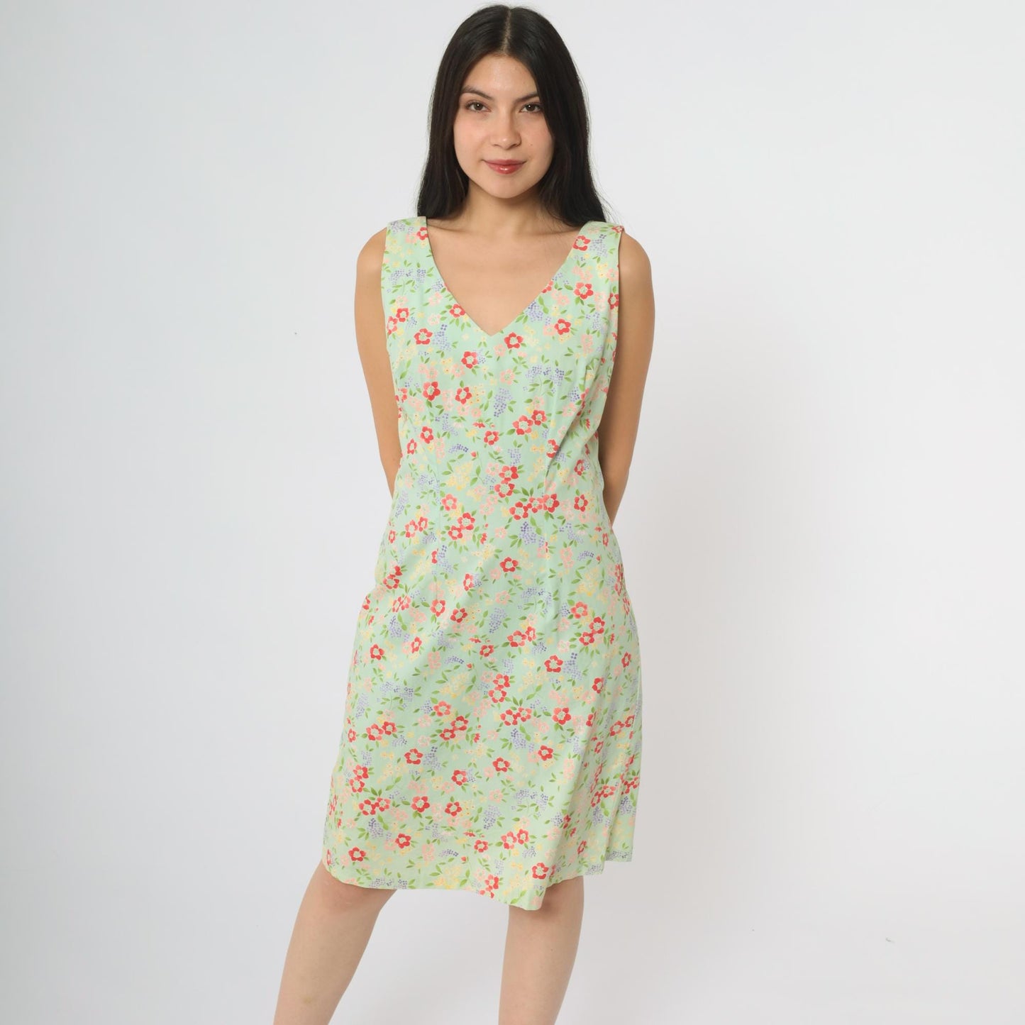 90s CDC Mint Floral Mini Dress Sleeveless V-Neck Small S