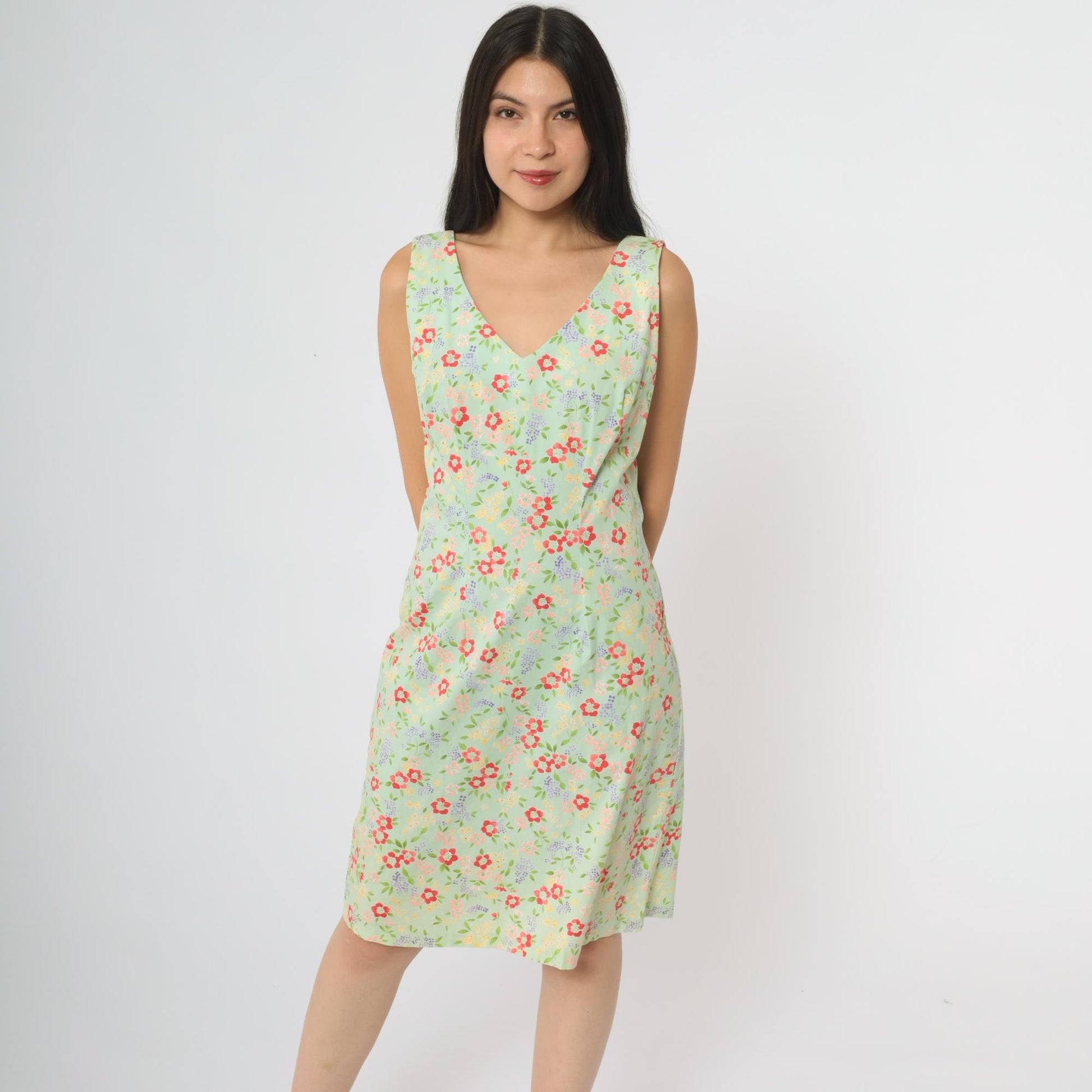 90s CDC Mint Floral Mini Dress Sleeveless V-Neck Small S