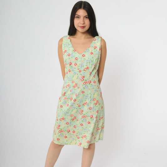 90s CDC Mint Floral Mini Dress Sleeveless V-Neck Small S