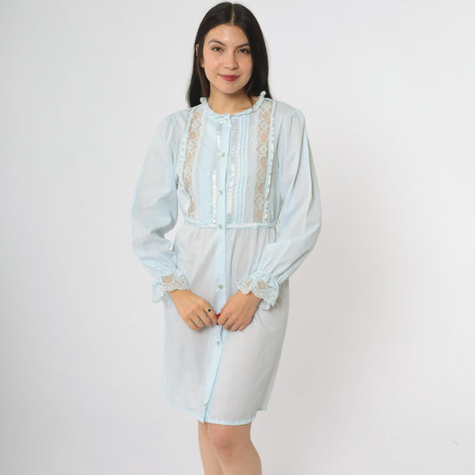 70s Powder Blue Babydoll Dress Lace Trim Puffy Sleeve Empire Waist Medium
