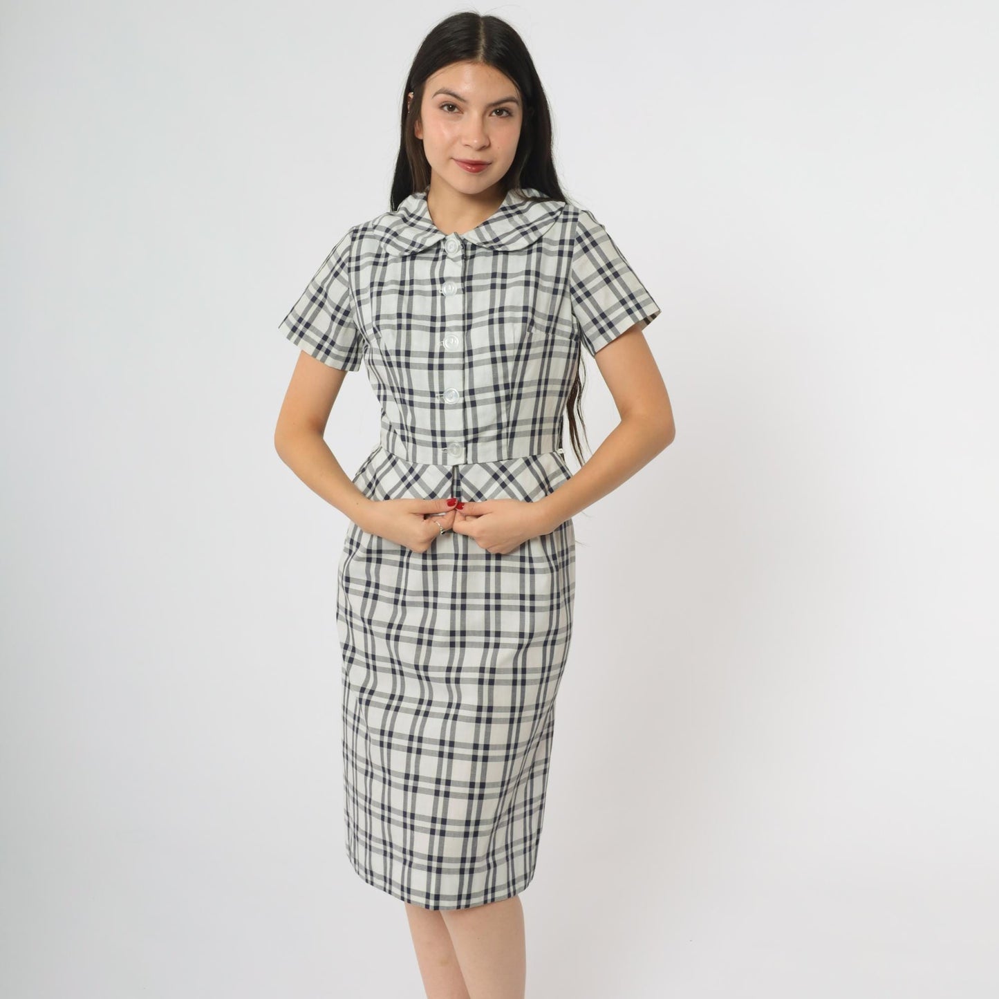 60s Betty Barclay Plaid Two Piece Set Navy White Check Jacket Dress XS
