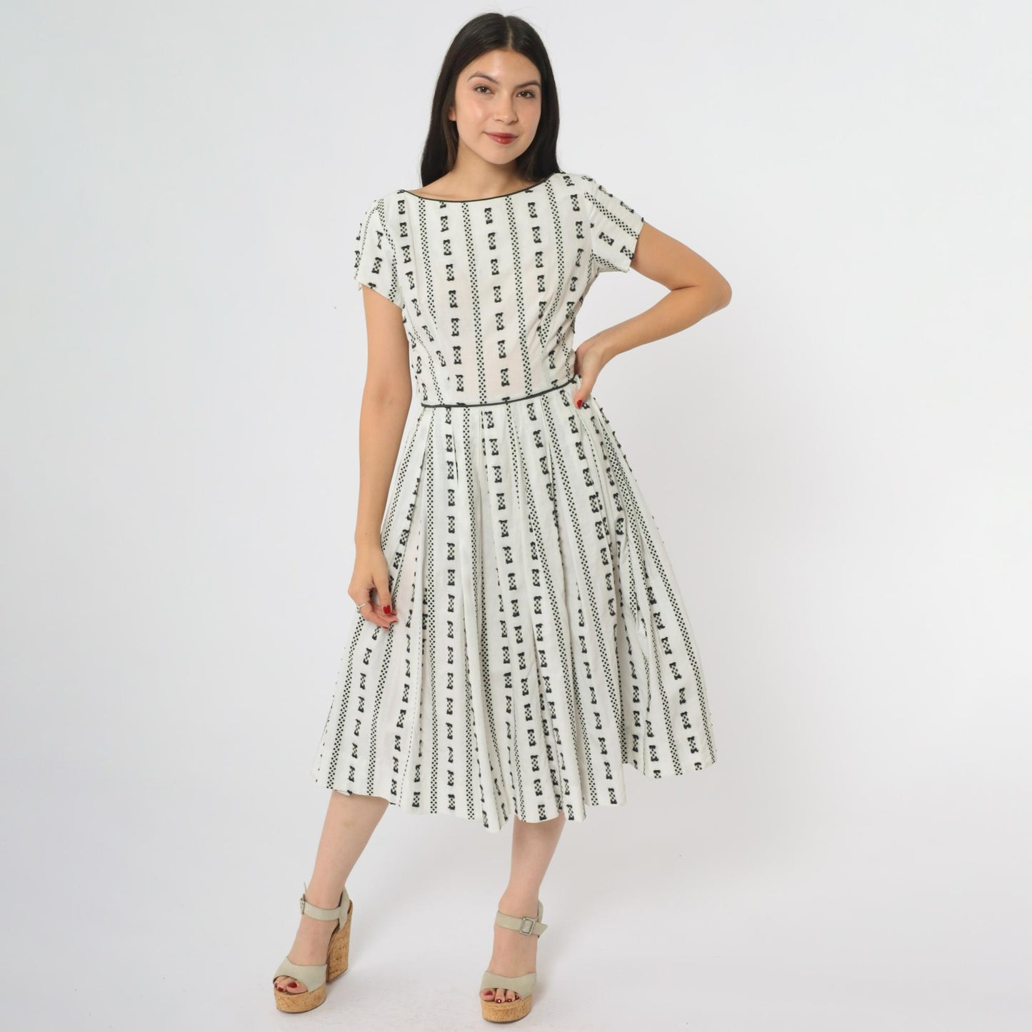 60s Geometric Print A-Line Midi Dress White Black Mod Shift XS