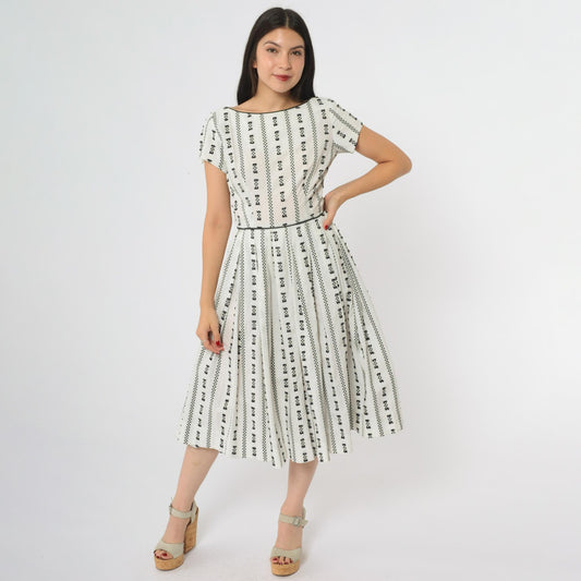 60s Geometric Print A-Line Midi Dress White Black Mod Shift XS
