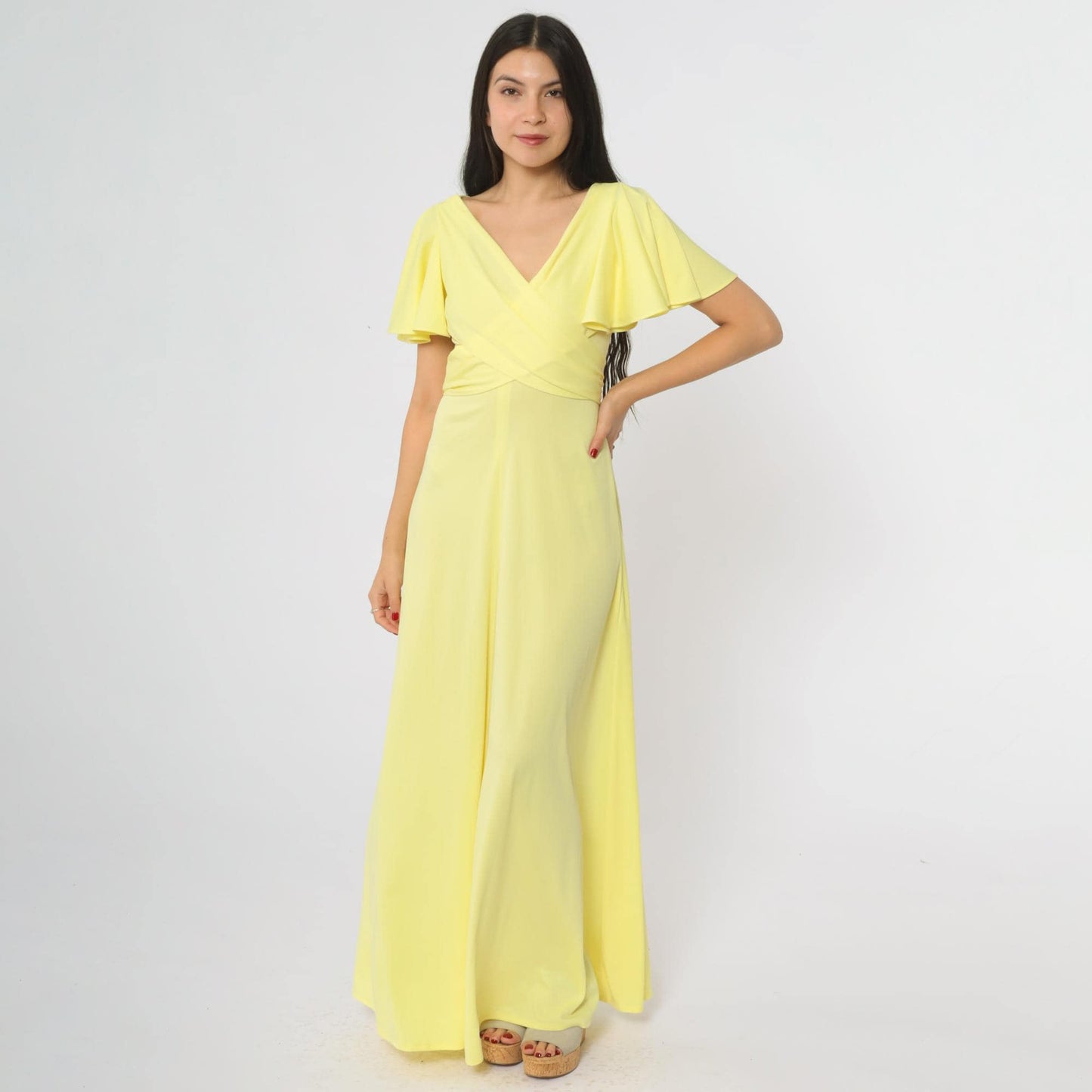 70s Yellow Maxi Wrap Dress Flutter Sleeves V-Neck Tie Waist Small