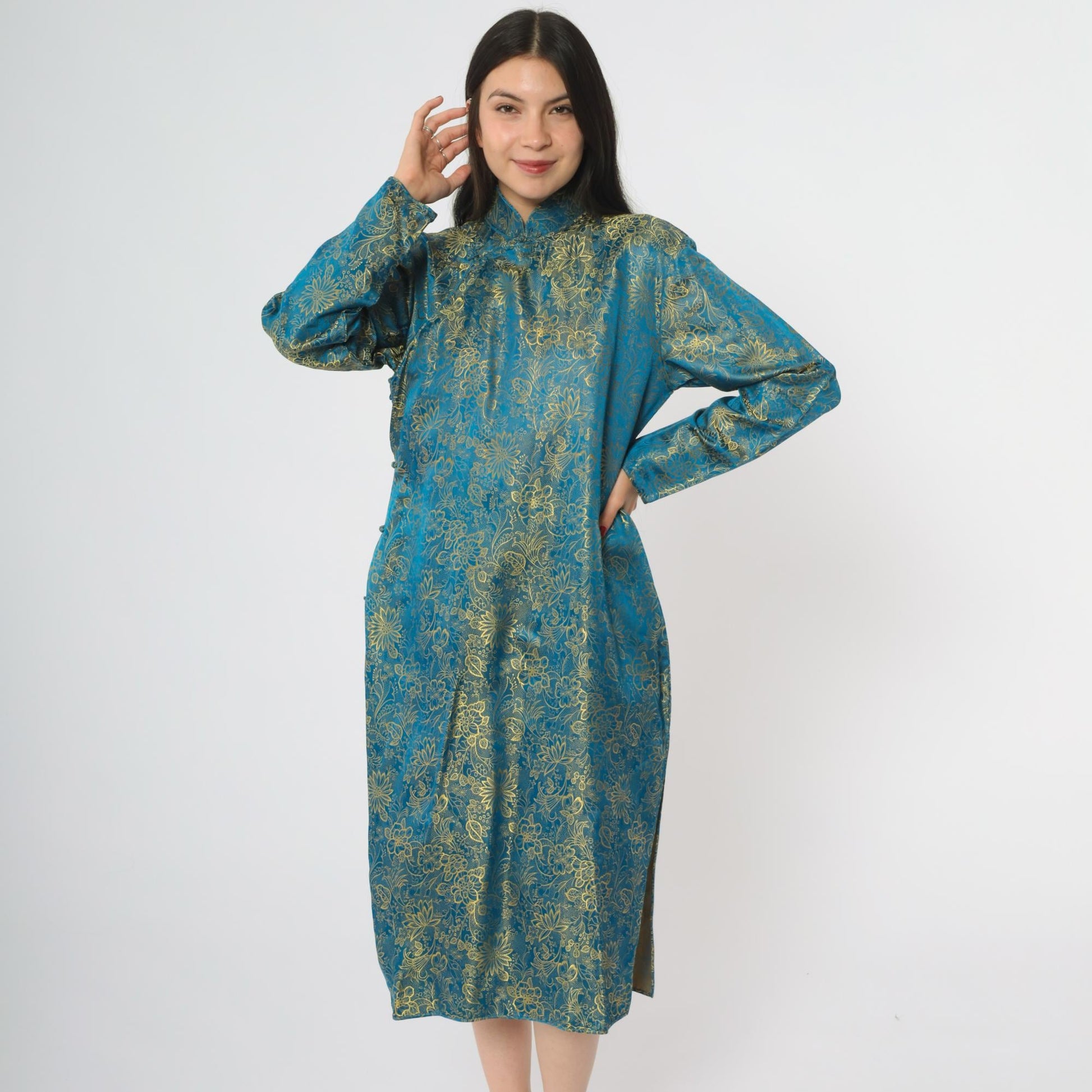 90s Teal Cheongsam Dress Gold Floral Brocade Midi Mandarin Collar Medium M