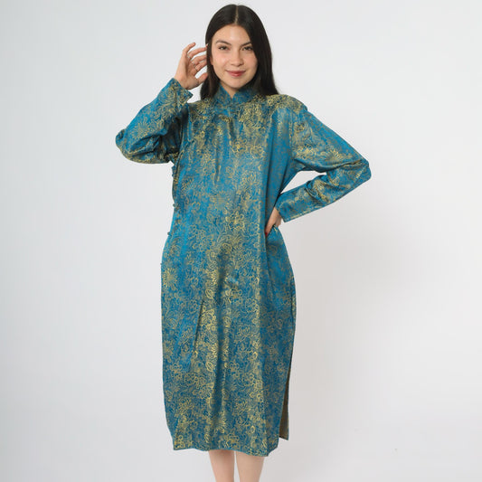 90s Teal Cheongsam Dress Gold Floral Brocade Midi Mandarin Collar Medium M