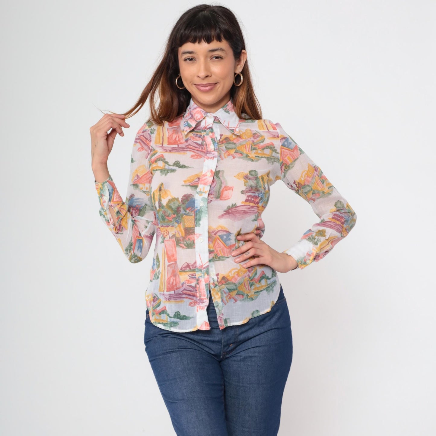 70s Ship N Shore Watercolor Landscape Blouse Sheer Button Up Small