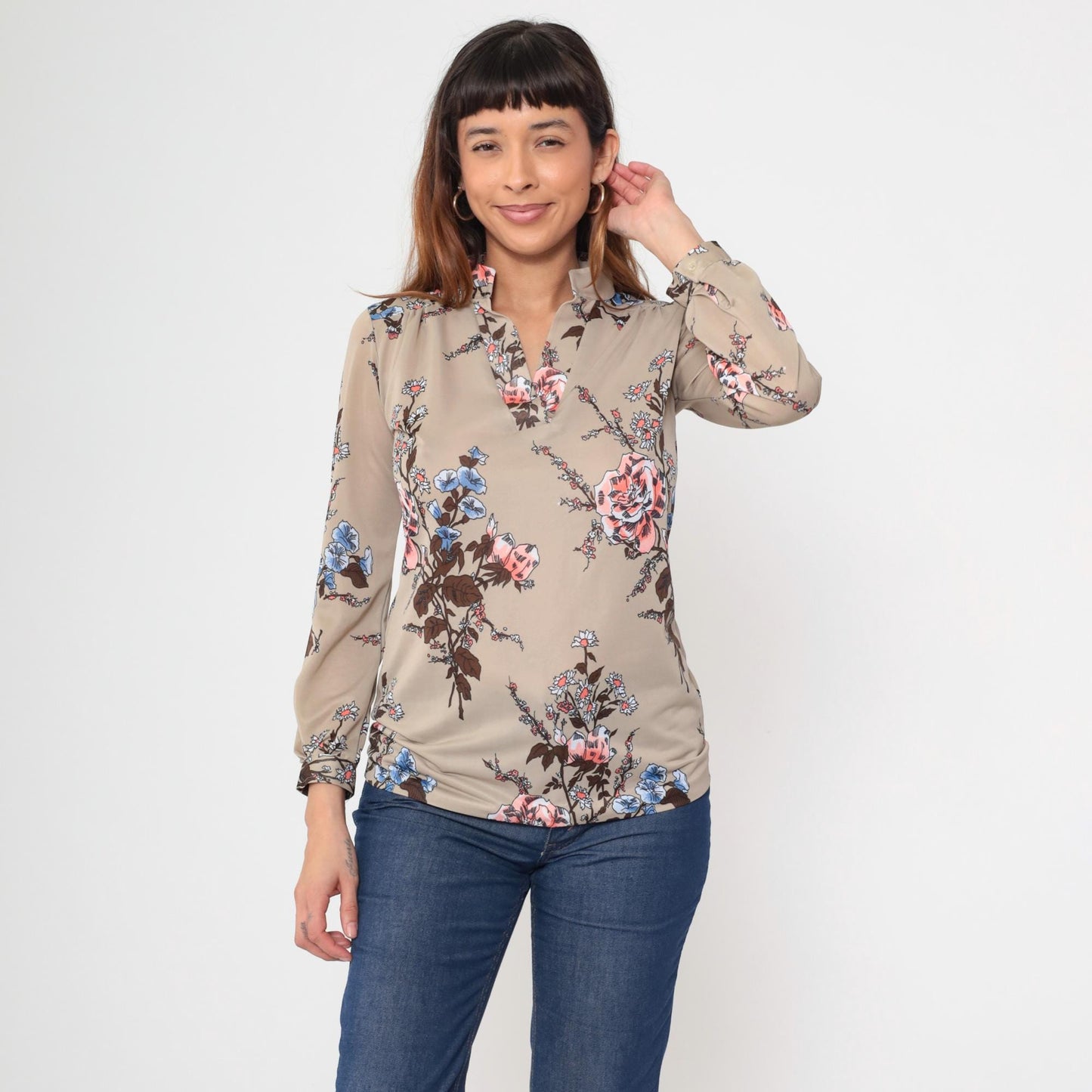 70s Botanical Rose Print Pullover Blouse Long Sleeve Pink Blue Tan Medium M