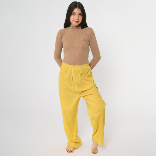 80s Yellow Pajama Pants Elastic Waist Button Fly Loungewear Large L