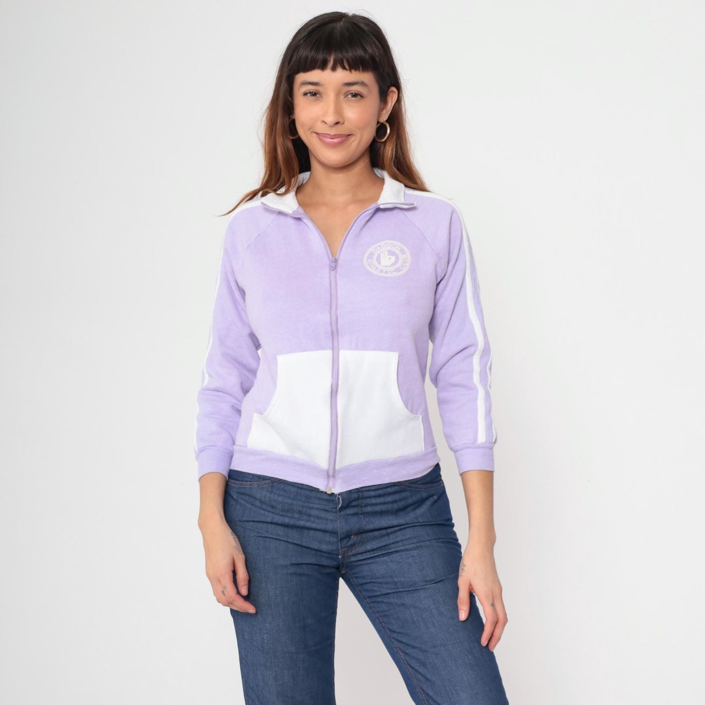 80s Sasson Lavender Track Jacket White Racing Stripe Zip Front Small