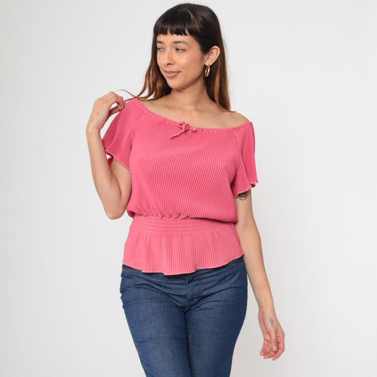 70s Coral Pink Off-Shoulder Blouse Flutter Sleeve Tie Front Medium