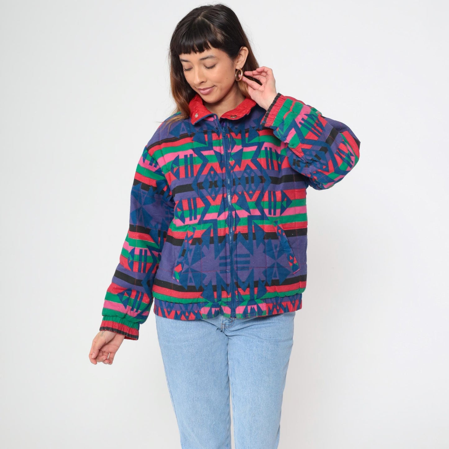 90s Geometric Southwest Reversible Windbreaker Red Blue Purple Small