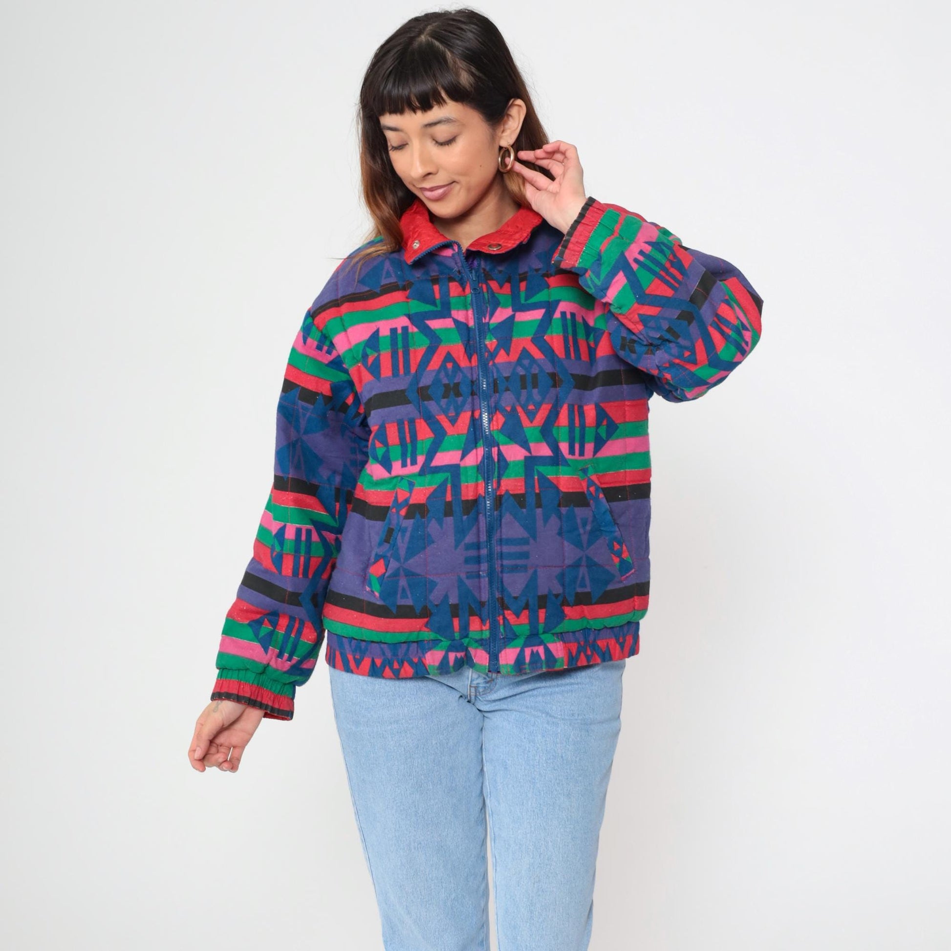 90s Geometric Southwest Reversible Windbreaker Red Blue Purple Small