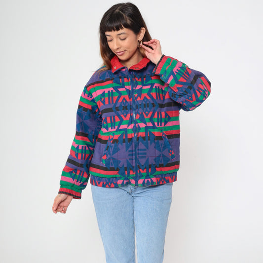 90s Geometric Southwest Reversible Windbreaker Red Blue Purple Small