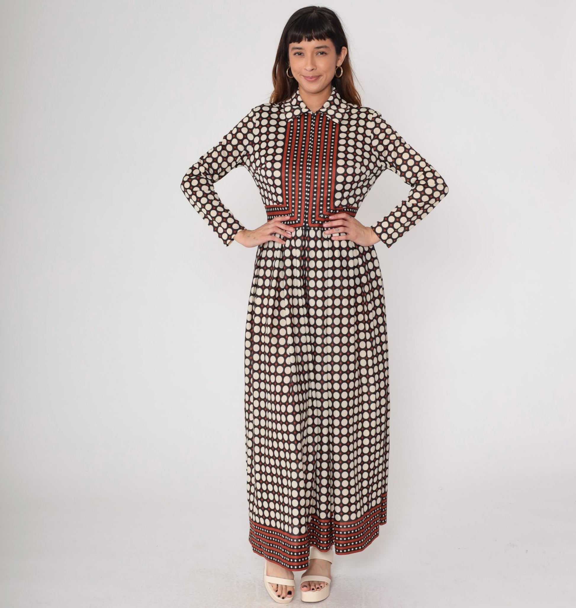 70s Black White Polka Dot Maxi Dress Long Sleeve Button Front Medium M