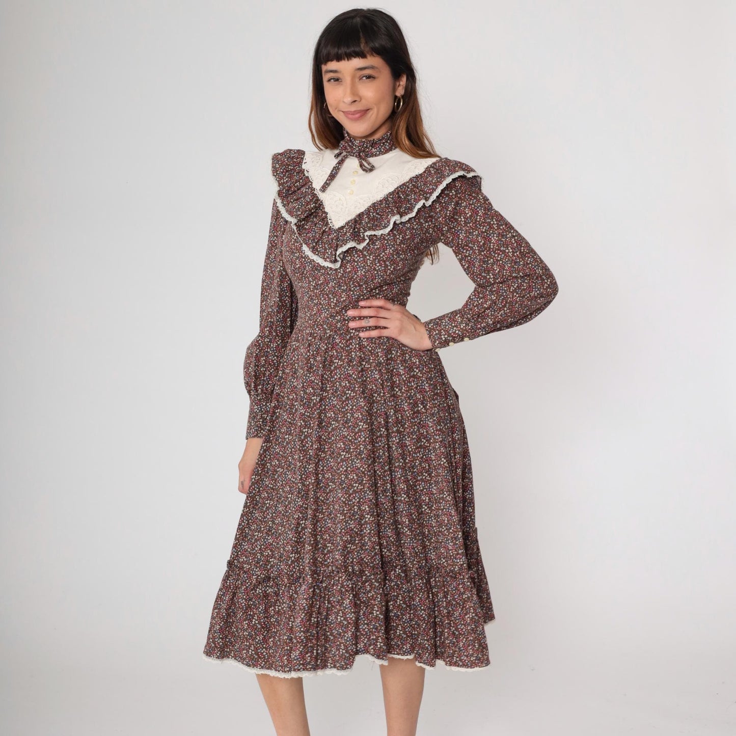 70s Gunne Sax Prairie Dress Brown Floral Cotton Midi Long Sleeve Small