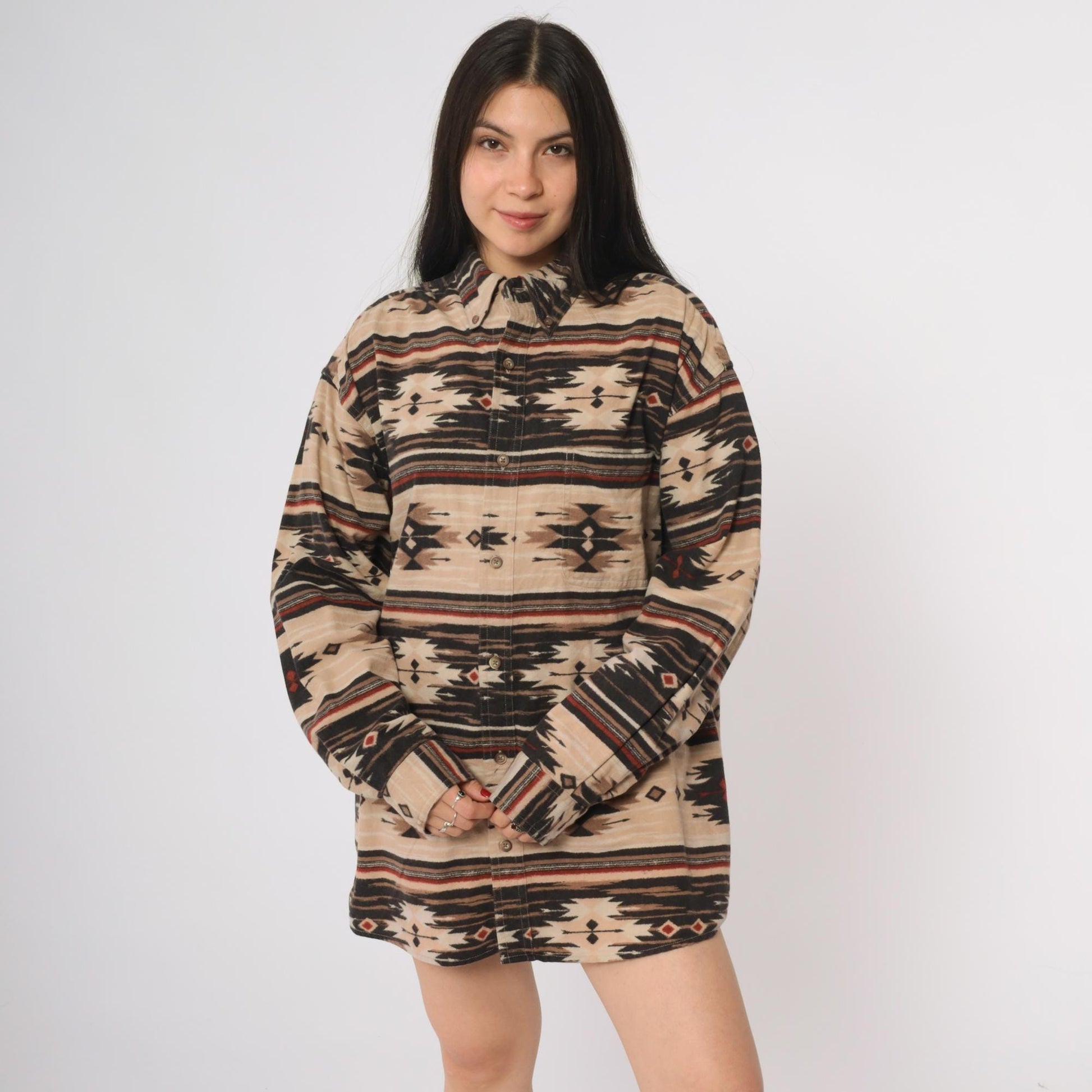 Y2K Woods & Water Southwestern Flannel Shirt Beige Black Red Tribal Button Down Extra Large XL