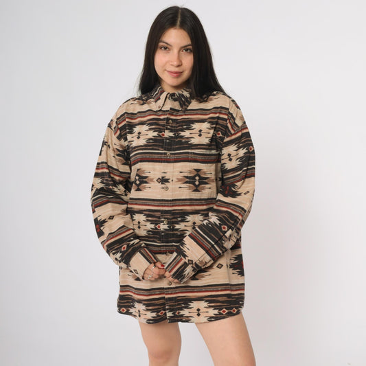 Y2K Woods & Water Southwestern Flannel Shirt Beige Black Red Tribal Button Down Extra Large XL