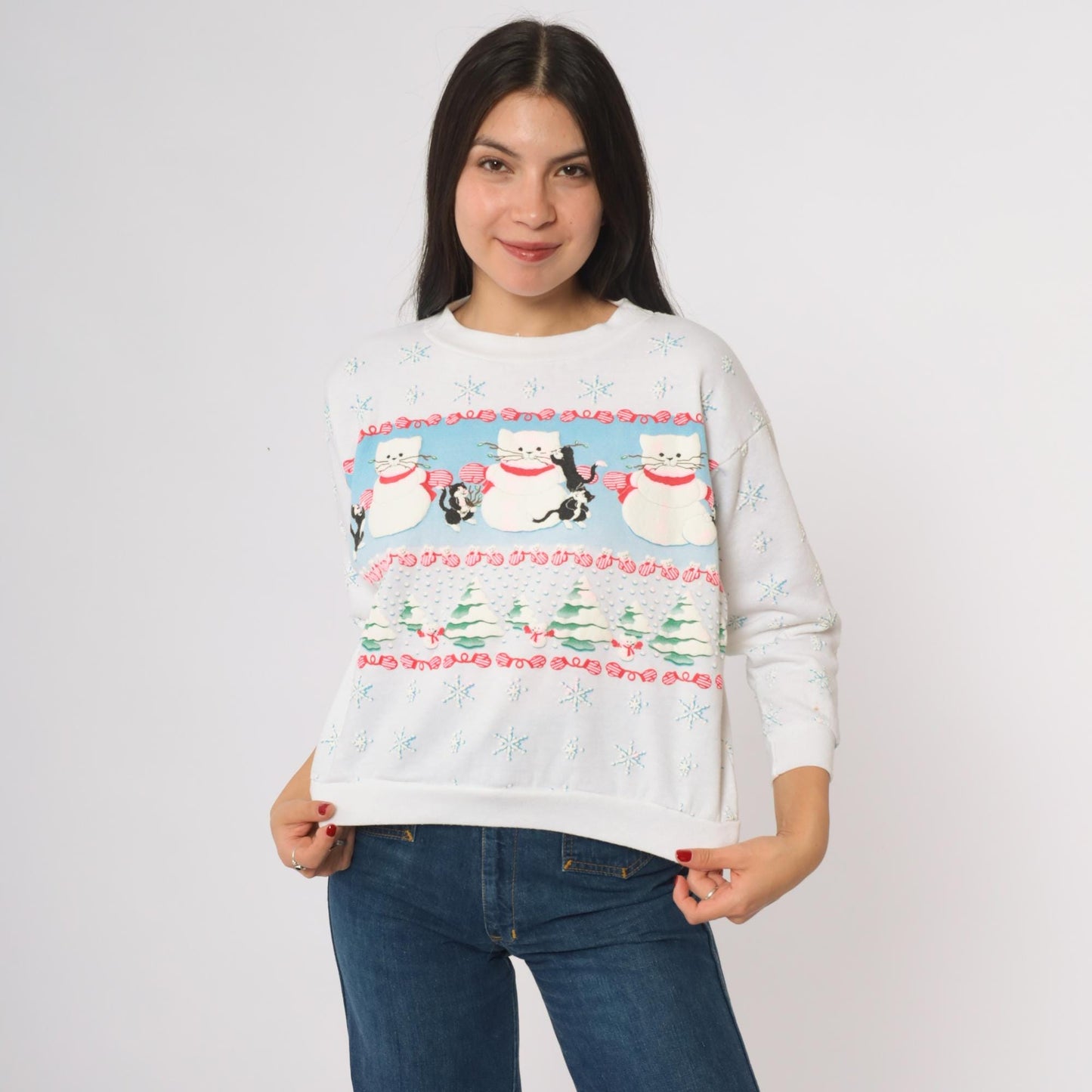 90s Scoop Christmas Cat Sweatshirt White Snowmen Snowflakes Extra Small XS