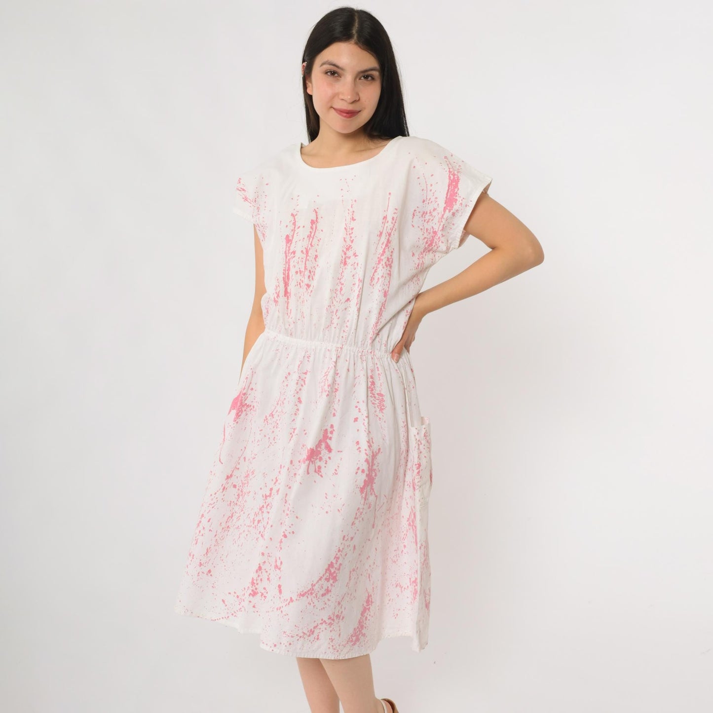90s White Pink Splatter Print Midi Dress Cotton Short Sleeve Pockets Small
