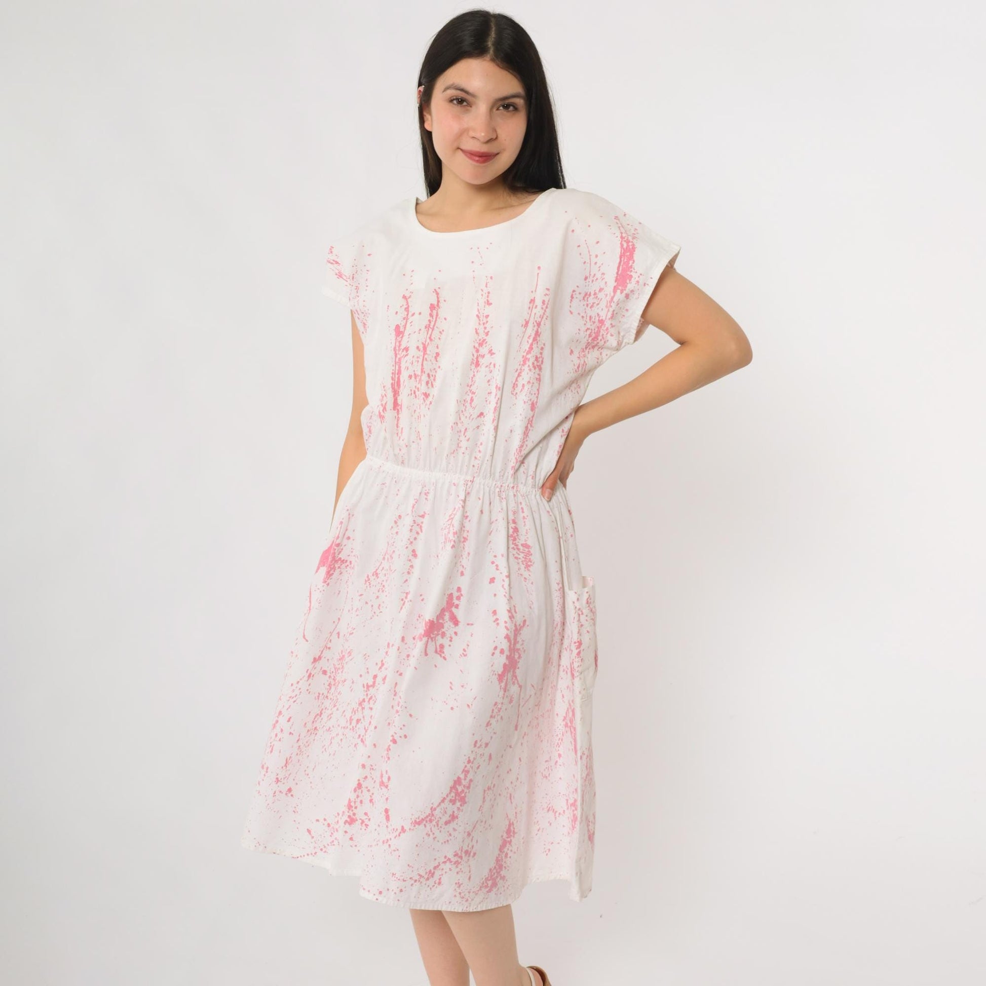 90s White Pink Splatter Print Midi Dress Cotton Short Sleeve Pockets Small
