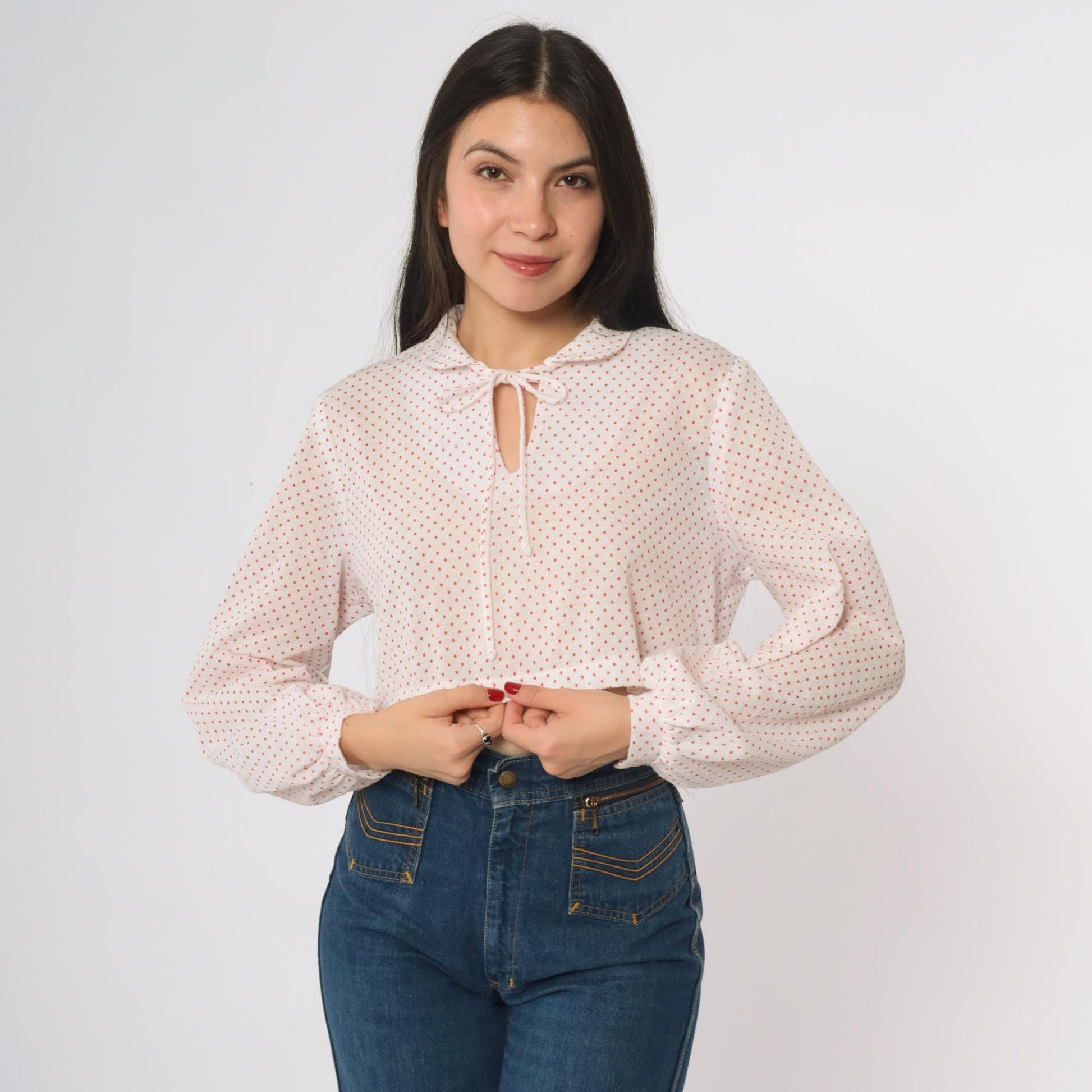 80s Polka Dot Cropped Blouse White Red Peter Pan Collar Tie Neck Medium