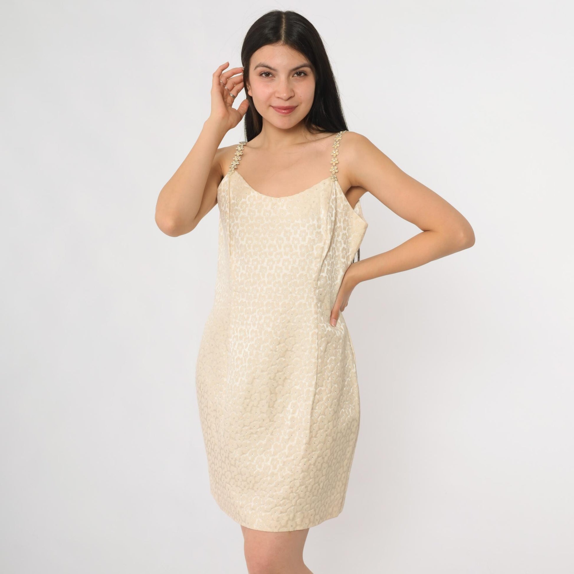 90s Jessica McClintock Gunne Sax Cream Gold Jacquard Mini Dress Beaded Straps Small S