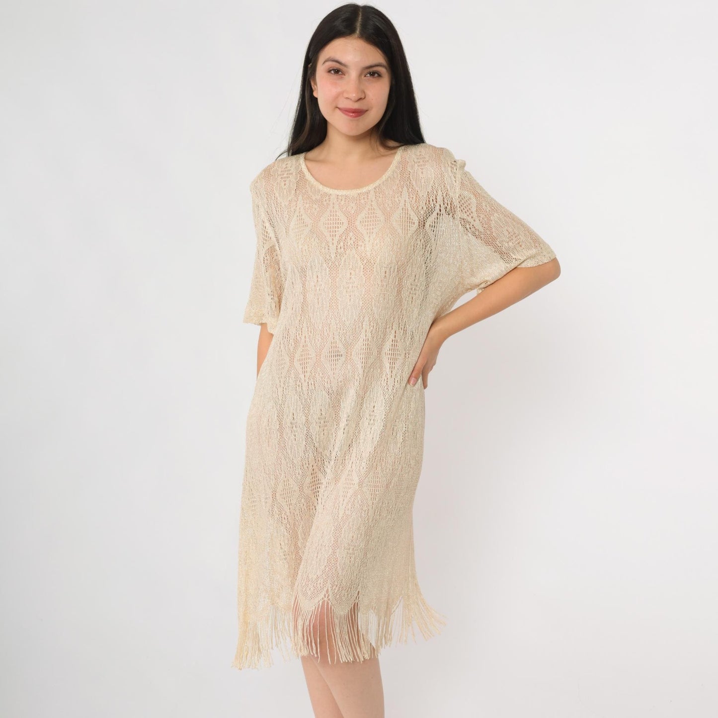 90s Sharade Nites Crochet Mini Dress Cream Metallic Fringe Scalloped Hem Size 16