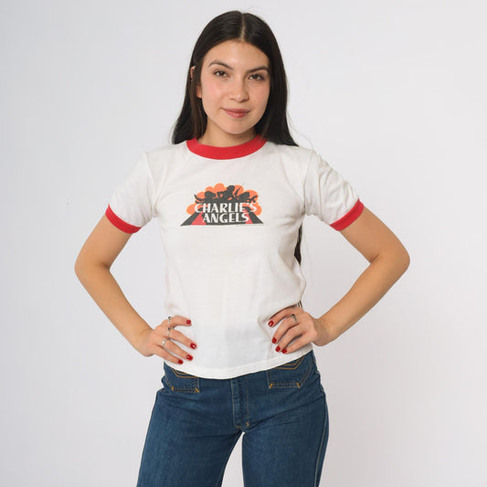 90s Charlie's Angels Ringer T-Shirt White Red Trim Graphic Tee Youth Medium