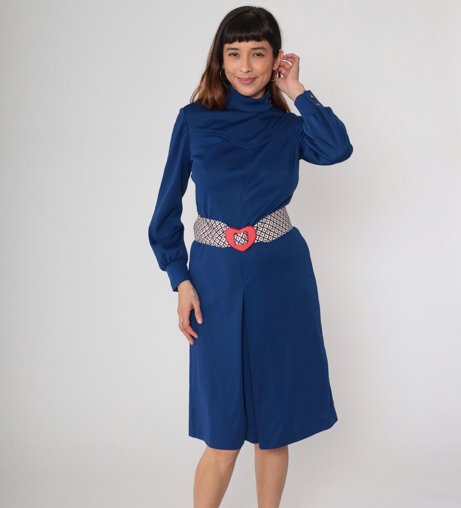 70s Navy Midi Dress Turtleneck Bishop Sleeve Western Yoke Heart Belt Medium