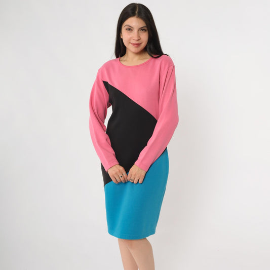 90s Gitano Colorblock Knit Dress Pink Black Blue Geometric Mini Small S