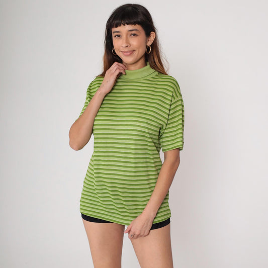 70s Striped Mock Neck Top Green Lime Short Sleeve Knit Pullover Medium Large