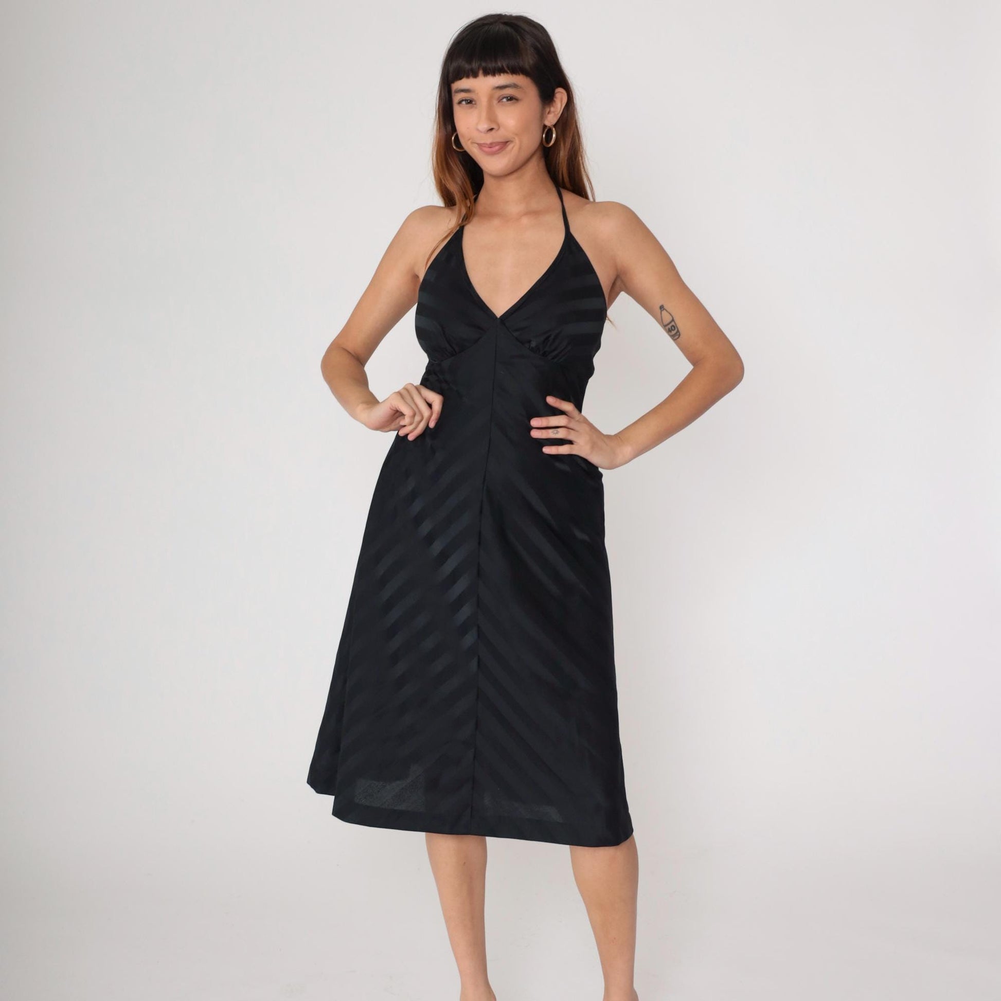 70s Black Halter Dress Striped Deep V Backless Mini Fit Flare Small