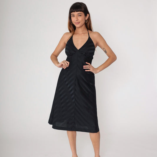 70s Black Halter Dress Striped Deep V Backless Mini Fit Flare Small