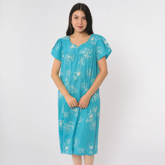 80s Turquoise Hibiscus Floral Midi Dress Scoop Neck Short Sleeve Loungewear Medium Large