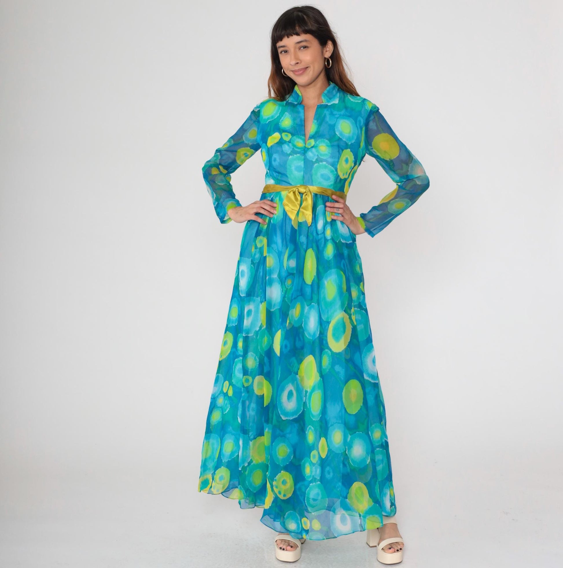70s Maxi Dress Blue Green Psychedelic Print Sheer Collared Long Sleeve Medium