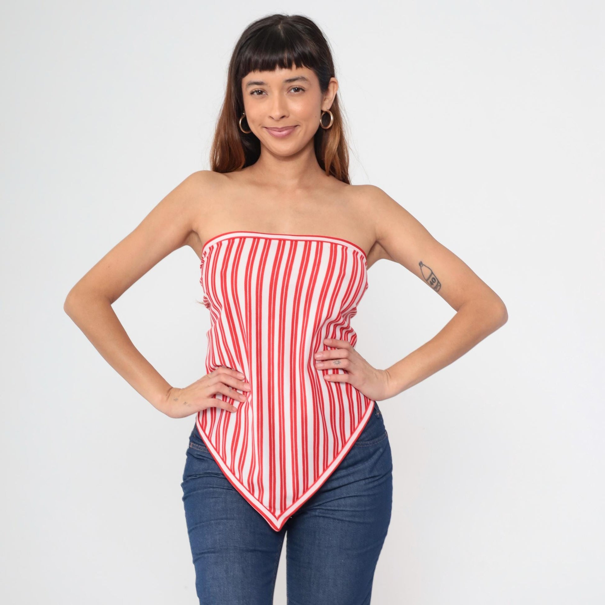 70s Red White Striped Bandana Halter Top Triangle Tie-Back One Size