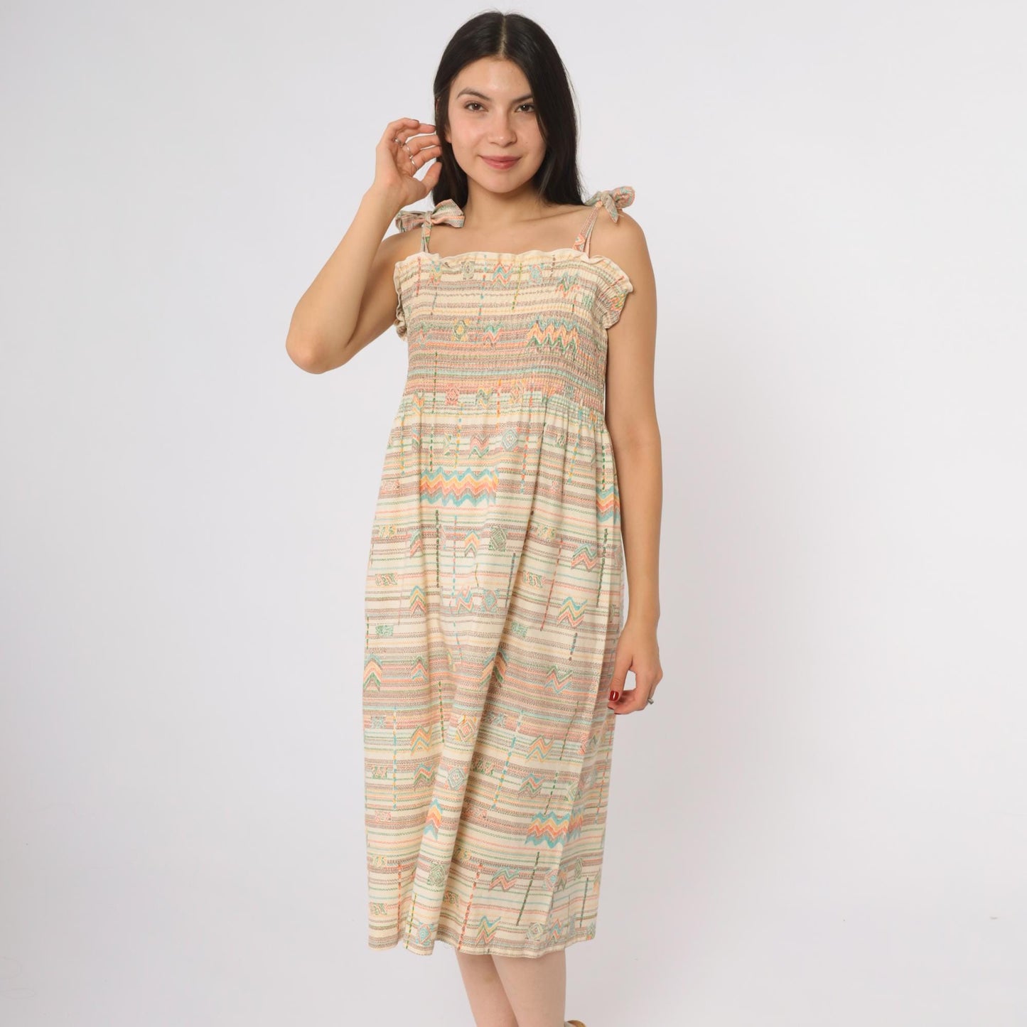 70s Cream Aztec Geometric Midi Dress Tie Shoulder Smocked Cotton Medium Large
