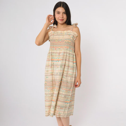 70s Cream Aztec Geometric Midi Dress Tie Shoulder Smocked Cotton Medium Large