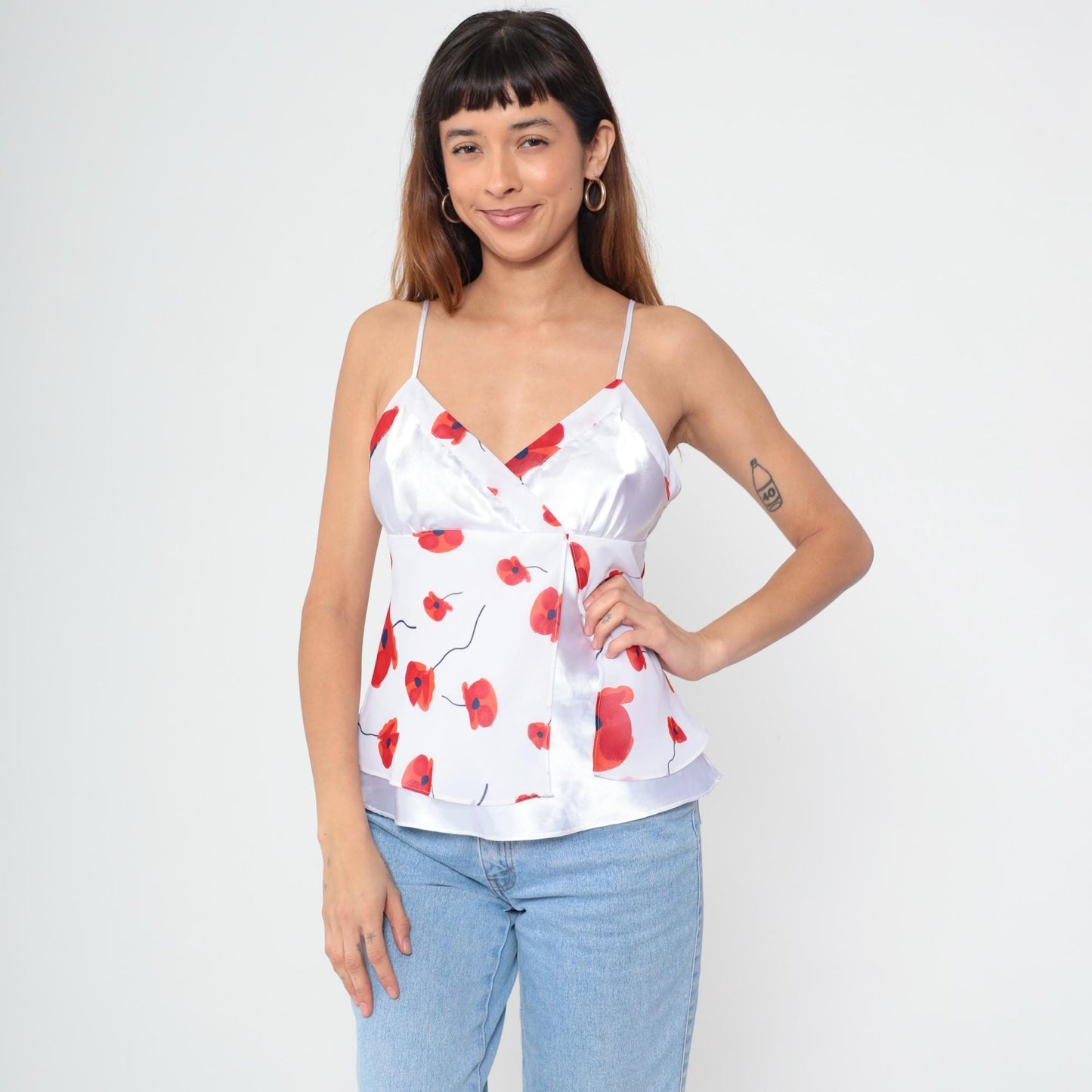 Y2K Red Poppy Floral Camisole White Spaghetti Strap Wrap Front Medium M