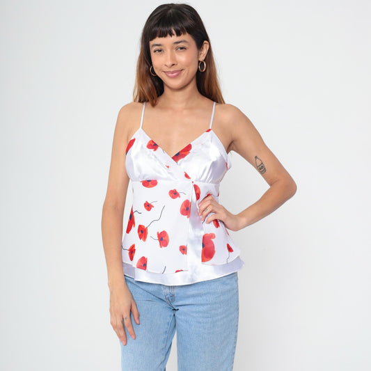 Y2K Red Poppy Floral Camisole White Spaghetti Strap Wrap Front Medium M