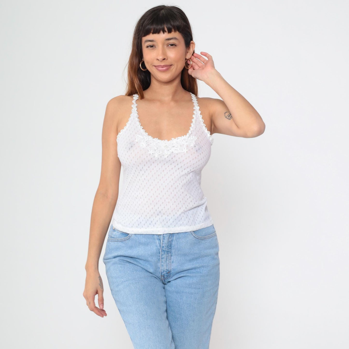 90s Karessah White Eyelet Camisole Lace Trim Spaghetti Straps Medium M